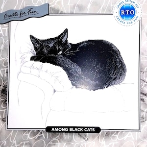 May include: Cross stitch kit featuring a black cat resting on a white surface. The cat is the focal point, with detailed shading. The kit includes the text "Create for Fun" and "RTO CROSS STITCH KIT" on the packaging. The title "AMONG BLACK CATS" is also visible.