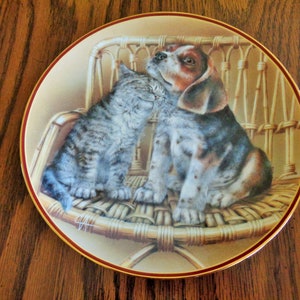 May include: Decorative plate featuring a cat and a dog sitting together on a wicker chair. The cat is gray and white, and the dog is brown, black, and white. The plate has a gold rim and a brown border.