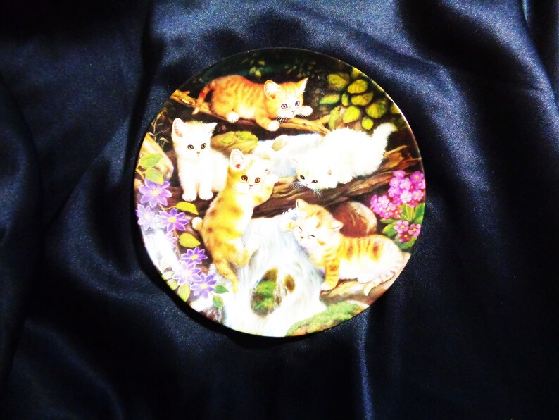 May include: A decorative plate featuring a charming scene of playful kittens. The plate showcases several kittens with orange and white fur, set against a backdrop of a waterfall, flowers, and greenery. The plate has a glossy finish.