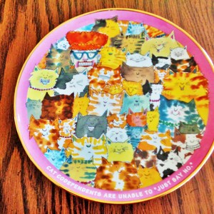 May include: A decorative plate with a pink rim and gold trim, featuring a colorful illustration of numerous cartoon cats. The cats have various expressions and colors. The plate has the text "CAT CODEPENDENTS ARE UNABLE TO 'JUST SAY NO.'"