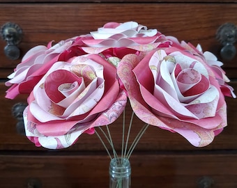 Pink Paper Flower Bouquet – 7 Roses, 14" Stems (Anniversary, Mother's Day)