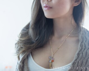 Precious Stone Gold Tassel Necklace  - 14k, 19" long