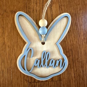 Personalized Easter Basket Tag | Custom Bunny Basket Name Tag | Wooden Easter Basket Name Tag | Kids Easter Basket Decor | Bunny Basket Tag Blue Outline W/Beads