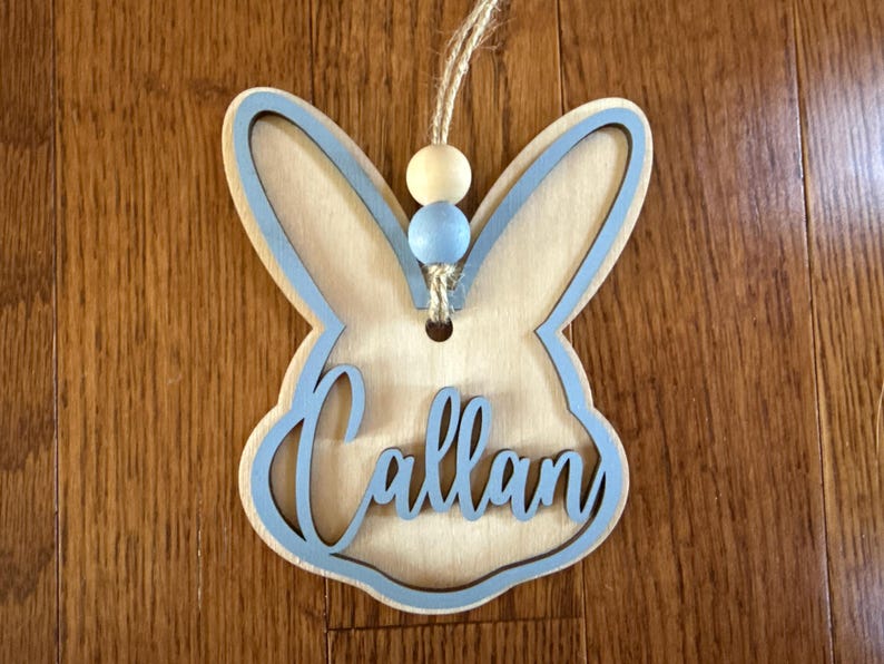 Personalized Easter Basket Tag | Custom Bunny Basket Name Tag | Wooden Easter Basket Name Tag | Kids Easter Basket Decor | Bunny Basket Tag Blue Outline W/Beads