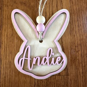 Personalized Easter Basket Tag | Custom Bunny Basket Name Tag | Wooden Easter Basket Name Tag | Kids Easter Basket Decor | Bunny Basket Tag Pink Outline W/Beads
