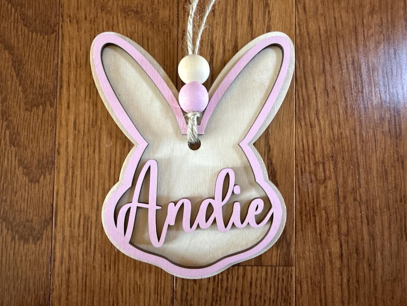 Personalized Easter Basket Tag | Custom Bunny Basket Name Tag | Wooden Easter Basket Name Tag | Kids Easter Basket Decor | Bunny Basket Tag Pink Outline W/Beads