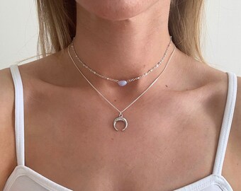 Silver Horn necklace, double horn silver necklace, Moon pendant necklaces, silver layering necklace, silver jewellery by Serenity Project