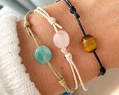 Gemstone Bracelet, Adjustable Cord Bracelet, Rose Quartz Bracelet, Tigers Eye Bracelet, Blue Amazonite Crystal Bracelets Serenity Project