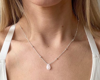 Rose Quartz Necklace, Beaded Silver Necklace, Silver Necklace with Gem, Silver Crystal Necklace, Teardrop Gemstone Birthstone Necklace Love