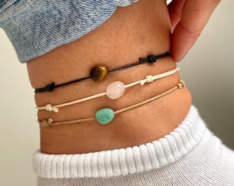 Bracelet de cheville en pierres précieuses, Cordon de serrage réglable, Bracelet de cheville en quartz rose, Bracelet de cheville oeil de tigre, Bracelets de cheville en cristal d'amazonite bleue par Serenity