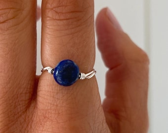 Lapis Lazuli Ring, 925 Sterling Silver Ring, Wire Wrap Blue Gem Stone Rings for Women, 925 Silver Jewellery,Crystal Birthstone Stacking Ring