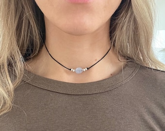Blue lace agate beaded choker, Chalcedony Gemstone Crystal Choker Necklace, blue gemstone necklace, silver choker: Serenity Project