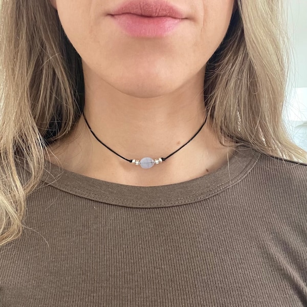 Blue lace agate beaded choker, Chalcedony Gemstone Crystal Choker Necklace, blue gemstone necklace, silver choker: Serenity Project