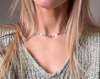 Silver Disk Choker Necklace, Silver Chain Choker for Layering, Beaded Coin Choker, Simple Minimalist Silver Jewellery by Serenity Project