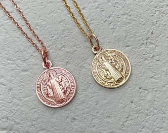 St Benedict necklace, Gold Saint Benedict coin necklace, Circle pendant necklace, Rose Gold San Benito necklace, Religious jewellery gift