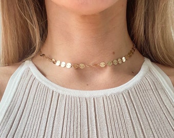 Gold Disk Necklace, Gold Circle Chain Choker, Gold Beaded Choker, Coin Necklace, Circle Necklace, Gold Layered Necklace Serenity Project.