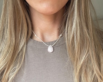 Rose Quartz Drop Necklace, Cord Crystal Choker Necklace, Pink Teardrop Gemstone Necklace, Layered Adjustable Cord Gem Stone Jewellery