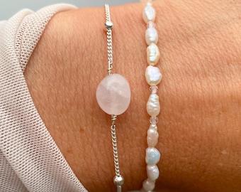Rose Quartz bracelet, Crystal Gemstone Silver Beaded Bracelet, Dainty Gem bracelet, Love bracelet gift for her, Stocking Gift Pink Serenity