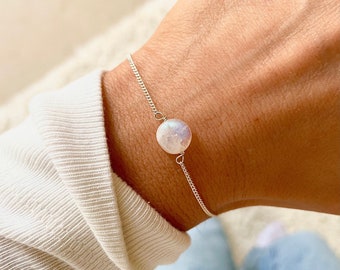 Rainbow Moonstone Minimal Bracelet, Moonstone Jewellery, Silver Beaded Moonstone Bracelets for her, June Birthstone Gifts, Pretty Bracelet