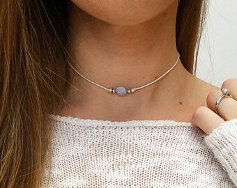 Blue lace agate beaded choker 'Alex', Gemstone choker, crystal choker necklace, blue gemstone necklace, silver choker by Serenity Project