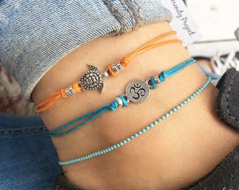 Om Anklet, Silver Coin anklet, Silver beaded anklet, Silver charm anklet bracelet, cord ankle bracelet, yoga gifts by Serenity Project