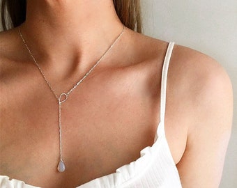 Lariat necklace silver, opalite moonstone style necklace, Y Chain necklace, silver layered necklace, moonstone choker, Opalite lariat choker
