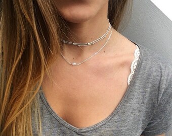 Jasmine Stainless Steel 2 Strand Layered Necklace with Pearl and Silver Beads