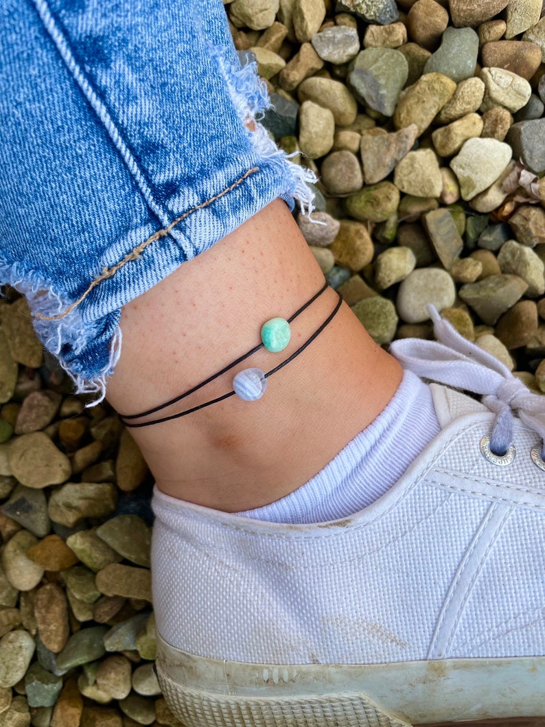 Choose Your Stones Double Layer Gemstone Anklet, Adjustable Ankle Bracelet, Crystal Anklet for Her, Moonstone, Amethyst, Rose Quartz Citrine image 1