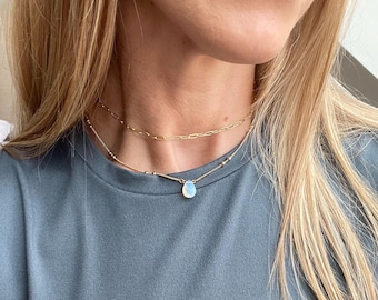 Beaded Gold Necklace, Opalite Teardrop Necklace, Champagne Rose Gold Layered, Blue Flash Crystal, Gold Choker Necklace by Serenity Project