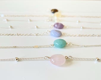 Gargantilla de piedras preciosas ELIGE TU PIEDRA, Gargantilla de cuentas de plata, Gargantilla de cristal, Gargantilla de ágata de encaje azul, Gargantilla de cuarzo rosa, Collar de amatista