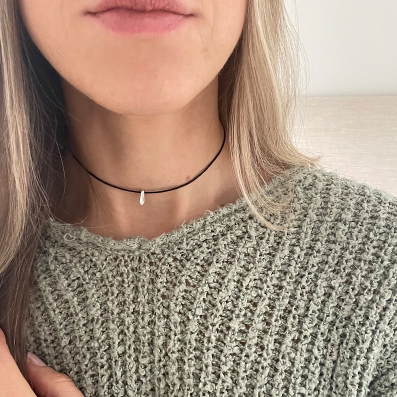 Dainty silver drop bead choker, Silver Choker, Teardrop necklace, Minimal Layering Chokers, Black cord choker, Raindrop pendant image 2