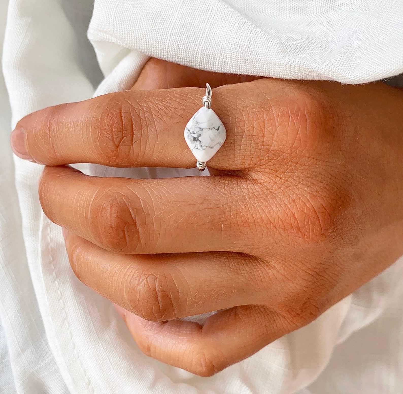 White Marble Howlite Ring Sterling Silver Stacking Rings Etsy UK