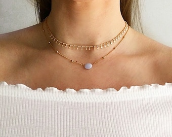 Blue lace agate beaded necklace, Rose Gold chokers, crystal choker necklace, blue gemstone necklace, rose gold necklace;'Seraphine' Serenity