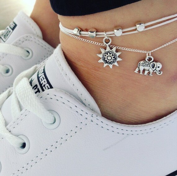 Beaded anklet Silver charm anklet on adjustable white or Etsy