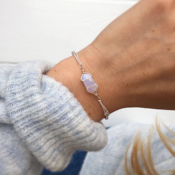 Rainbow moonstone bracelet, Silver beaded bracelet, silver bracelet, dainty bracelet, delicate silver bracelet, crystals by Serenity project