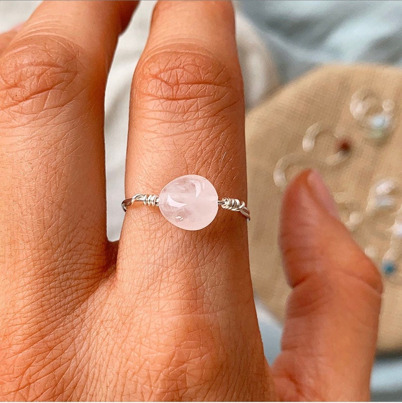 Rose Quartz Ring, Sterling Silver Stacking Rings, Rose Quartz Crystal Jewellery, Stone Rings for Women,Pink Quartz Love Stone, Heart Chakra 