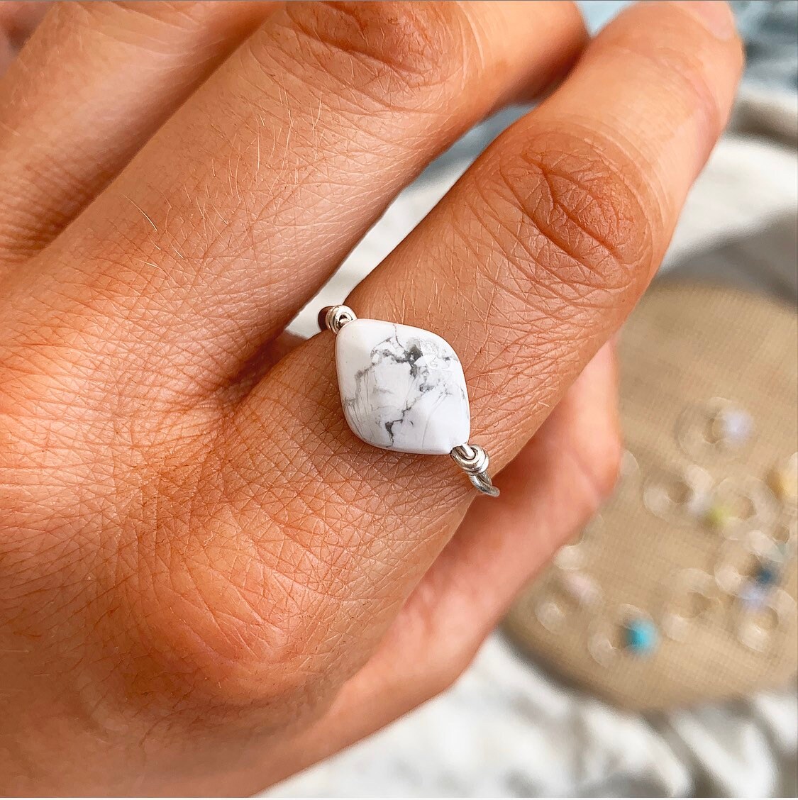 White Marble Howlite Ring Sterling Silver Stacking Rings Etsy UK