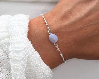 Blue lace agate bracelet, Silver beaded bracelet, Blue lace agate jewelry, March birthstone, crystal bracelet, by Serenity Project