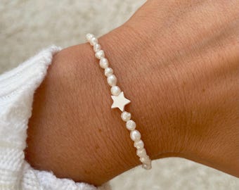 Pulsera elástica de estrella y perla pequeña, pulsera de estrella y perla, joyería apilable de piedras preciosas, regalo de cumpleaños de junio, pulseras de cordón para mujer, regalos