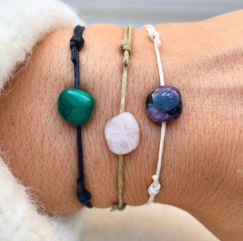 Gemstone Bracelet, Adjustable Cord Bracelet, Malachite Bracelet, Charoite Bracelet, Spodumene Crystal Bracelets, Gifts for her Serenity 