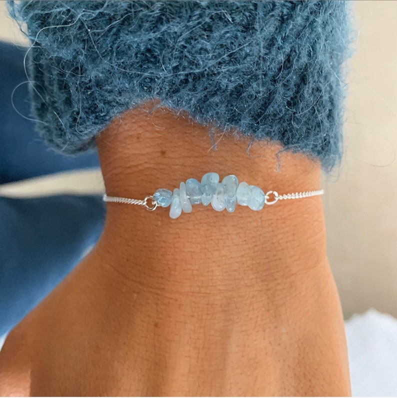 Aquamarine bracelet, Aqua Marine Crystal Bar Bracelet, Silver bead bracelet, dainty silver bracelet, Aqua Cluster gemstone jewellery 