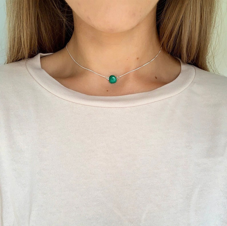 Green Malachite silver necklace, Gemstone choker, crystal choker necklace,beaded gemstone necklace, necklaces for her by Serenity Project 