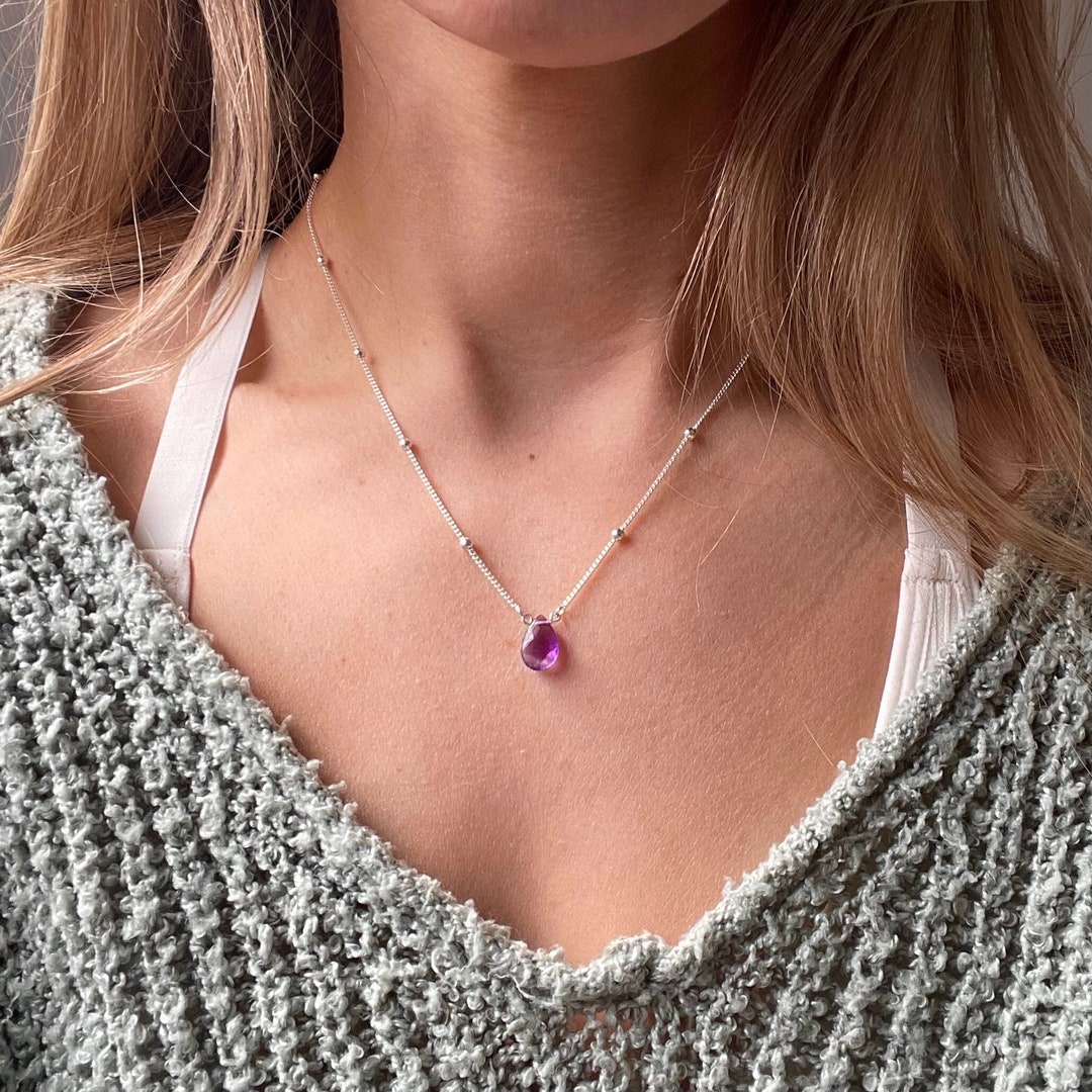 Purple Amethyst Teardrop Golden Chain Necklace