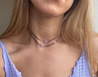 Elige tu collar de piedras preciosas de doble capa con tres piedras, gargantilla de cordón ajustable negro, joyería de cristal, regalo de cristal personalizado.