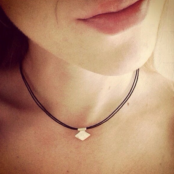 Gold choker, gold necklace, gold rhombus charm choker necklace on adjustable black cord by Serenity Project