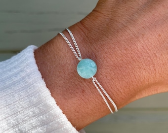 Pulsera de amazonita verde, pulsera de cristal plateado, piedra natal de diciembre, cristales de océano azul, joyería de piedras preciosas, Proyecto Serenity