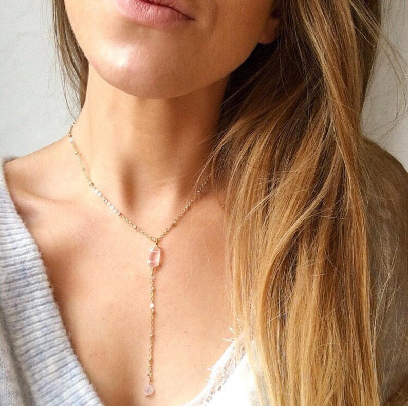 Rose gold necklace rose quartz necklace rose gold lariat Etsy