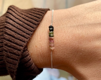 Pulsera de turmalina sandía, pulseras de cuentas de plata, joyería minimalista con barra de cristal, regalo de Navidad, delicadas pulseras para mujer