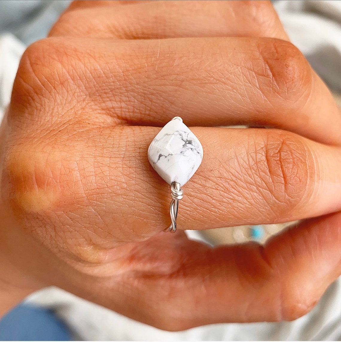 White Marble Howlite Ring Sterling Silver Stacking Rings Etsy UK
