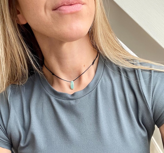 Amazonite Necklace Crystal Choker, Cord String Simple Crystal necklace, Green Chip Gemstone on Adjustable Cord, Everyday Gem Necklace